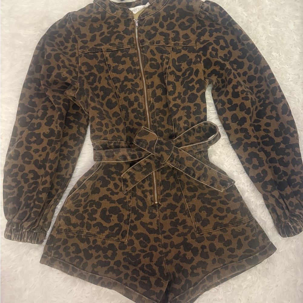 Leopard Print Belted Romper Jacket - Brown